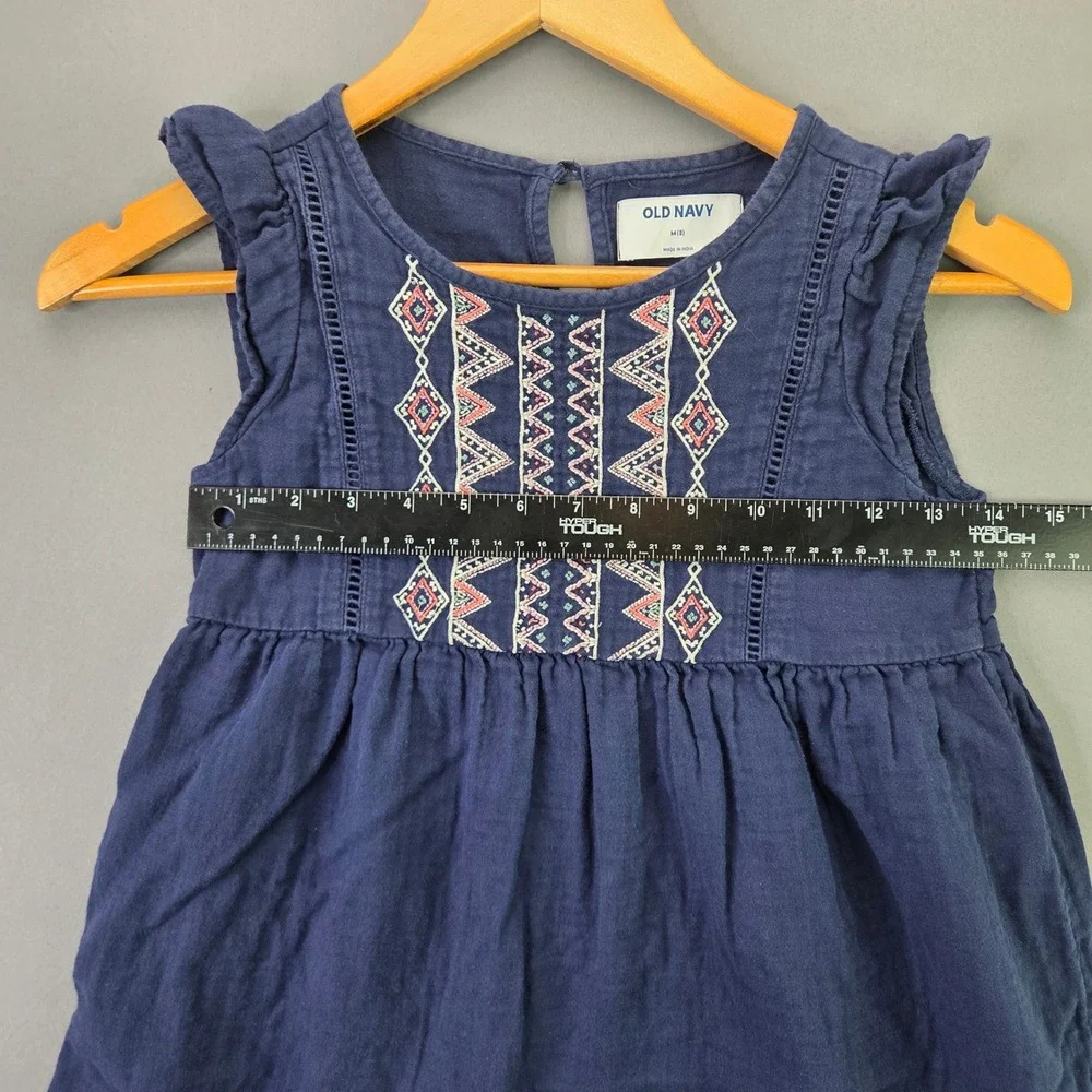 Old Navy Girls Dress Embroidered Gauze Boho Navy Blue Size M 8 Ruffle Sleeve